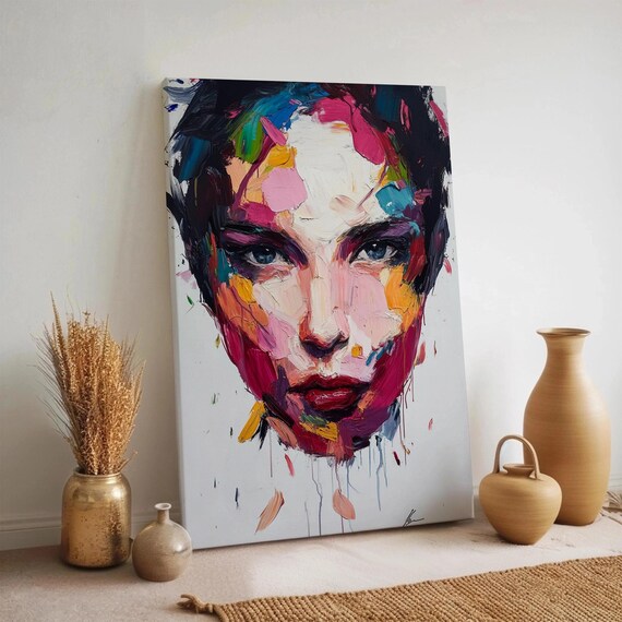 Colorful Abstract Woman Face Expressionist Portrait Painting Modern Wall Art
