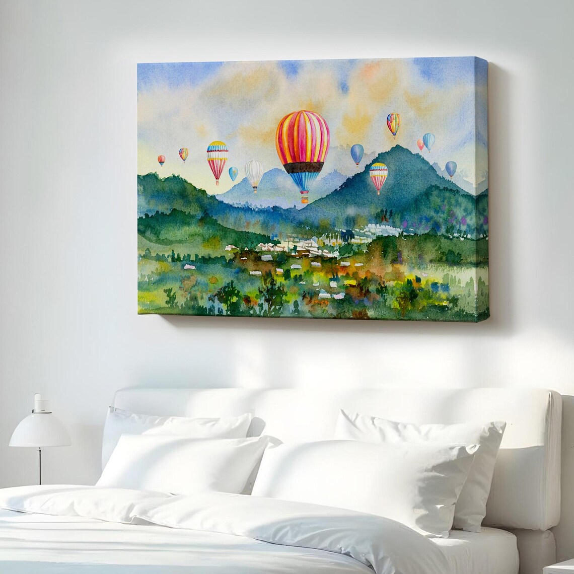 Hot Air Balloons Watercolor Mountain Valley Scenic Canvas Poster