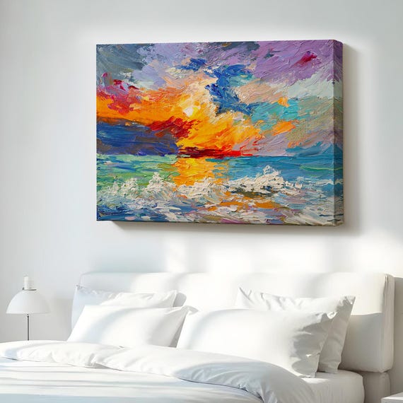 Sunset At Sea Oil Painting Look Decorative Canvas Wall Art Abstract Housewarming Gifts Modern Decor