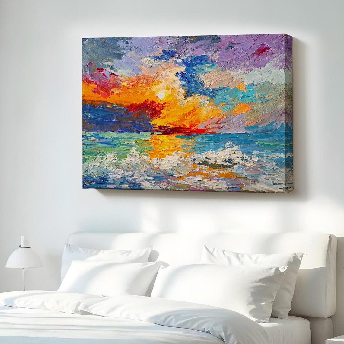 Sunset at Sea Oil Painting Colorful Ocean Waves Dramatic Sky Wall Art