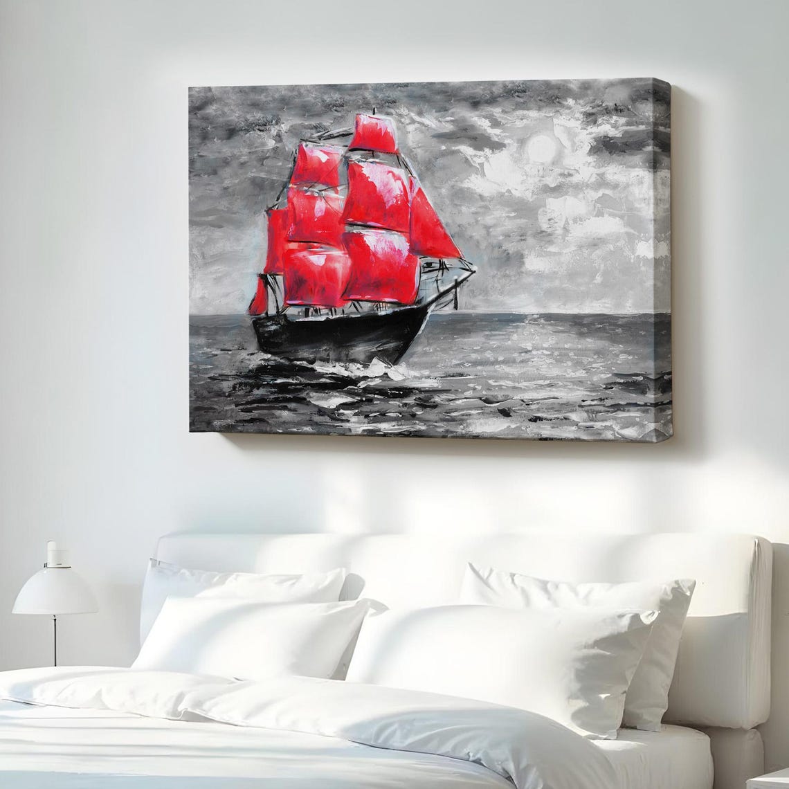 Red Sailed Ship Grayscale Ocean Dramatic Nautical Oil Painting Poster