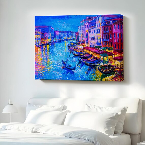 Venice Grand Canal Night Gondolas Colorful Cityscape Painting Print