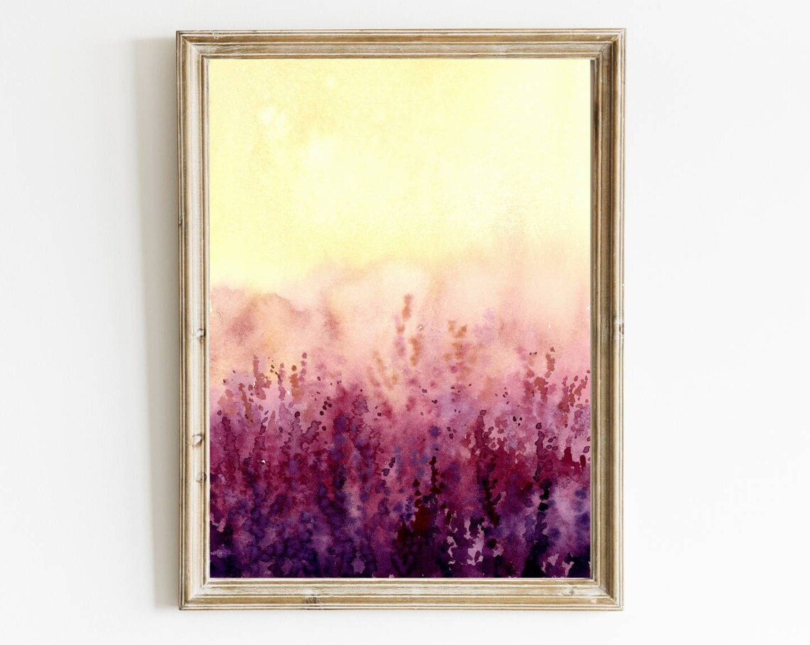Lavender Field Sunset Fields Watercolor Art Print