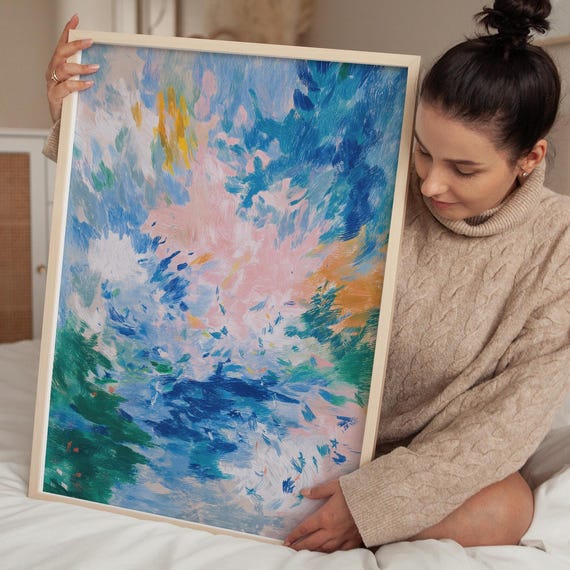 Abstract Pastel Brushstroke Wall Art Print Colorful Impressionist Painting Modern Artwork Light Blue Pink Green Poster