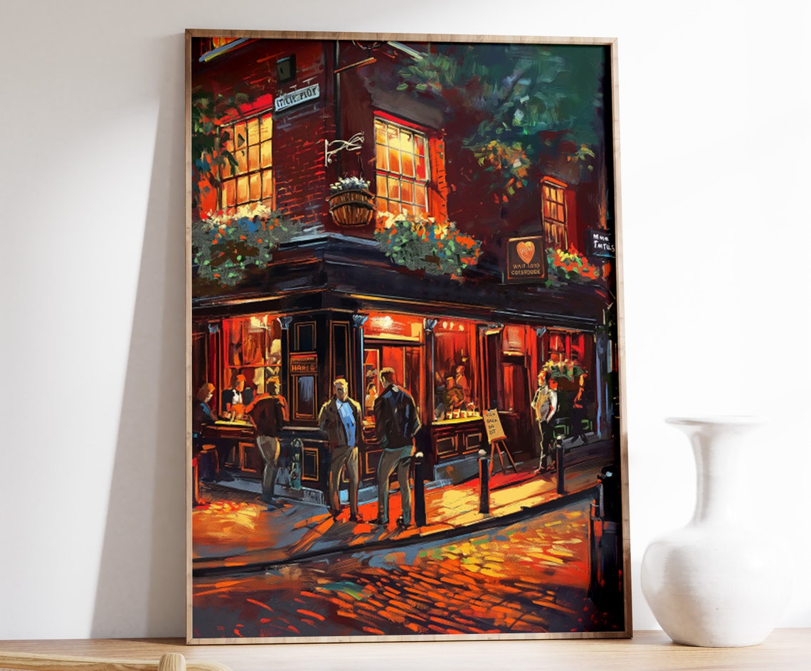 London Pub Night Scene Hanging Flower Baskets Warm Glow Poster