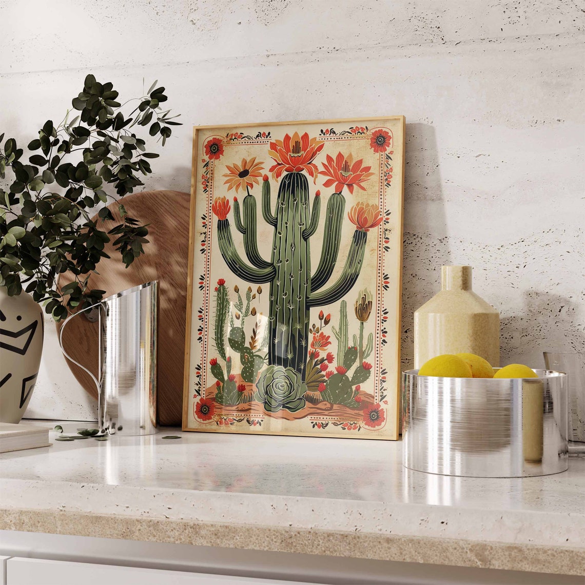 Blooming Saguaro Cactus Orange Blossoms Vintage Desert Poster - Image 2