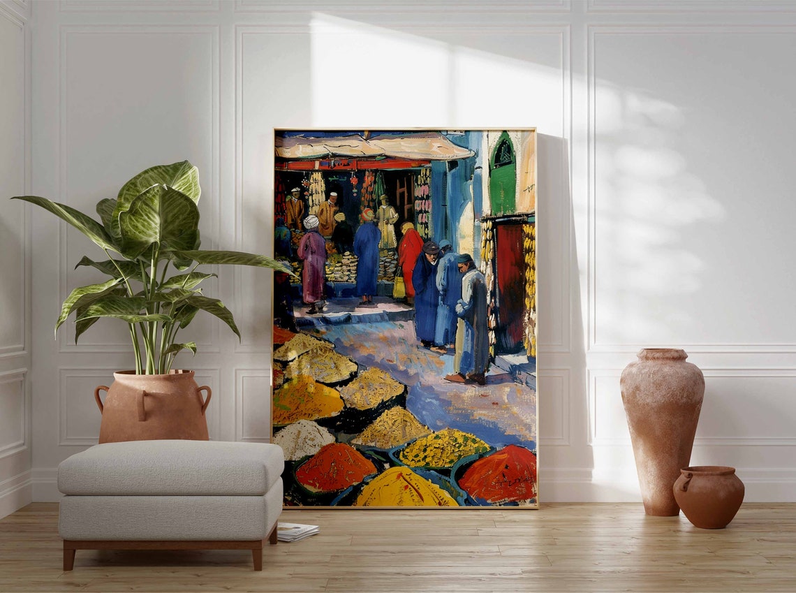 Spice Souk Market Crowd of Shoppers Vibrant Impressionist Poster - Image 3