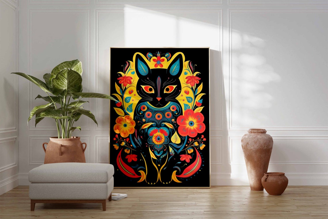 Mexican Folk Art Black Cat With Colorful Floral Pattern Poster - Image 2