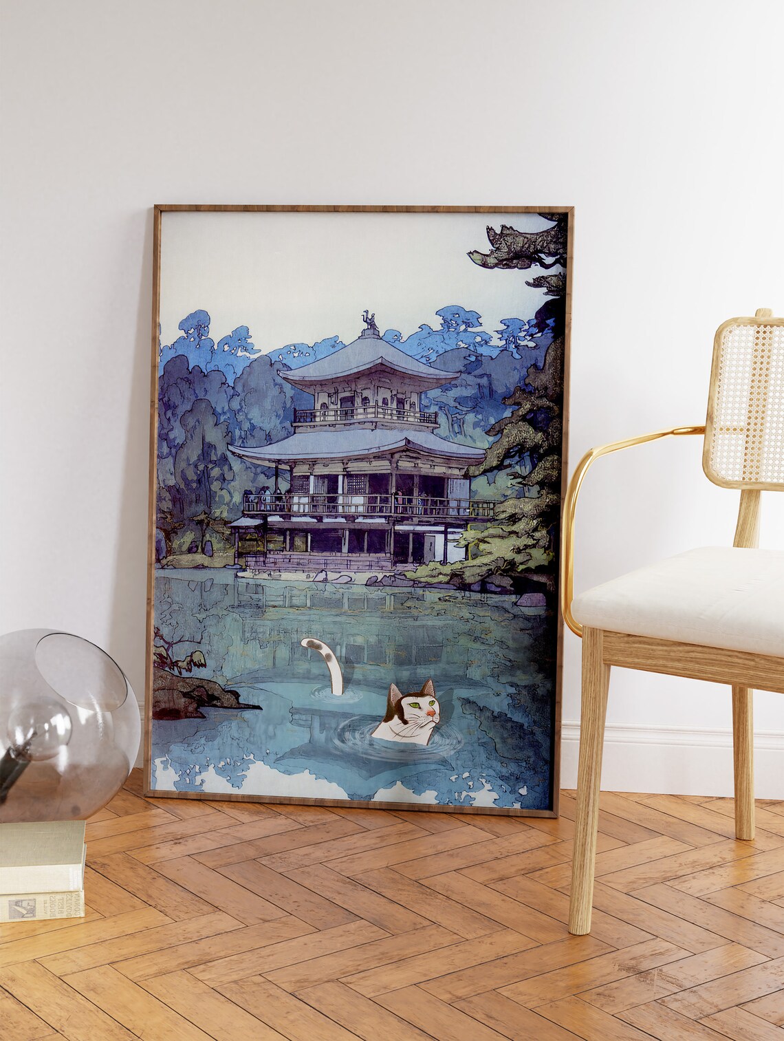 Golden Pavilion Kyoto Swimming Cat Japanese Woodblock Poster - Image 3