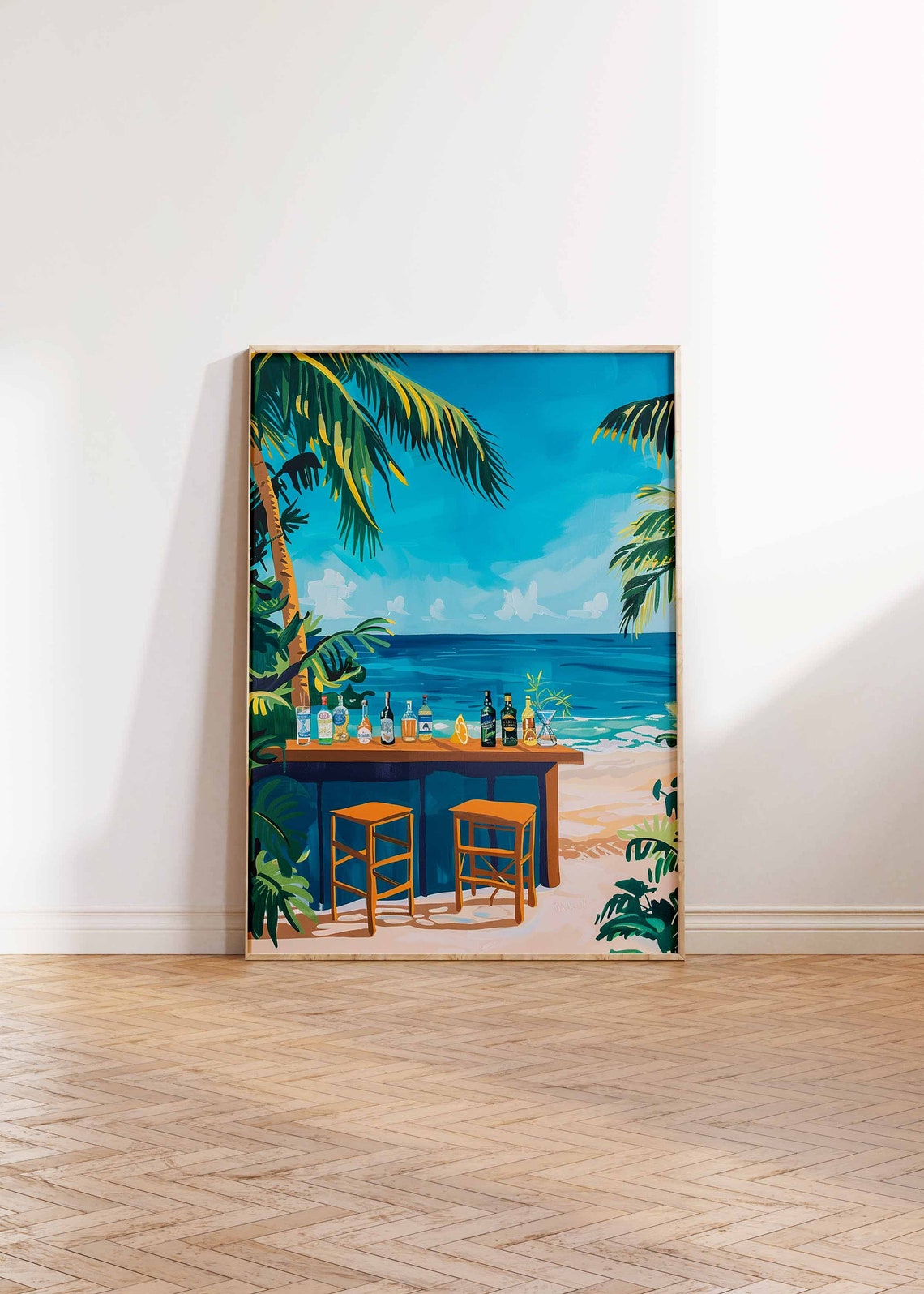 Wooden Beach Bar Bar Stools Turquoise Sea Palm Trees Scene Poster - Image 2