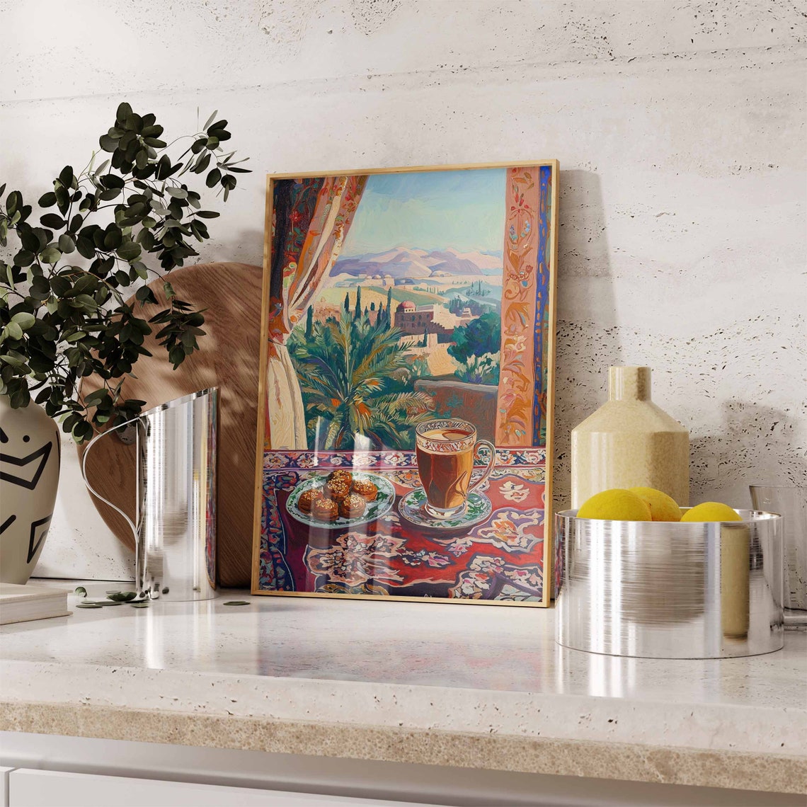 Tea and Sesame Pastries Tropical Window View Still Life Art Poster - Image 2