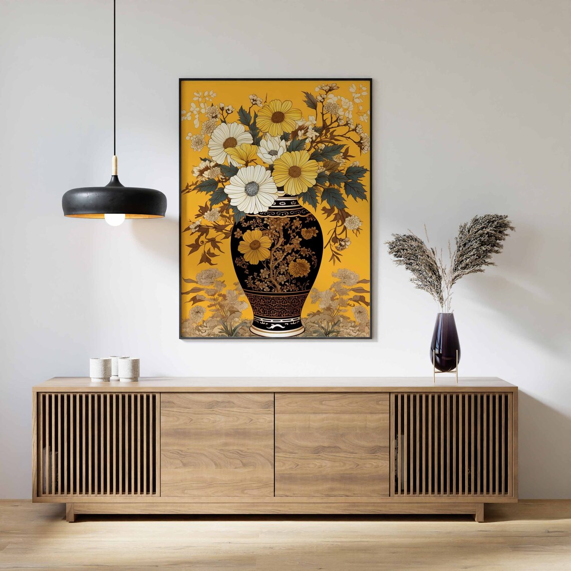 Black Gold Chinoiserie Vase Yellow White Floral Still Life Wall Art - Image 3