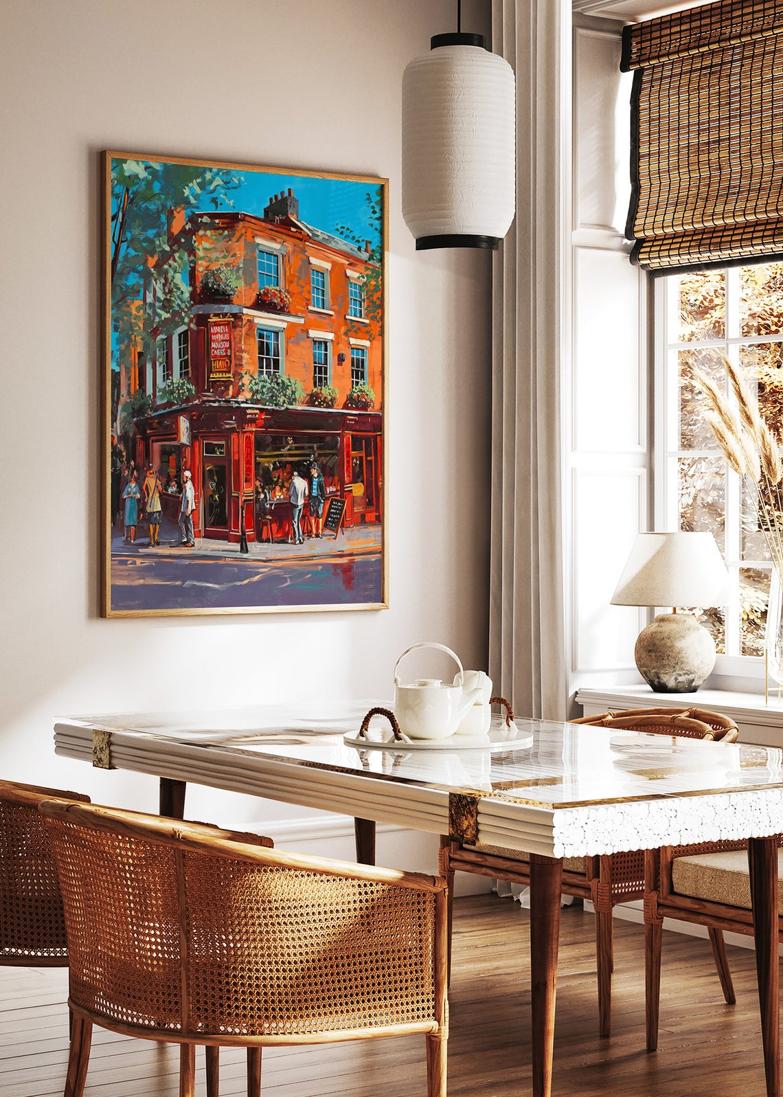Old Red Pub Corner Street Scene Bustling Oil Painting Poster - Image 2