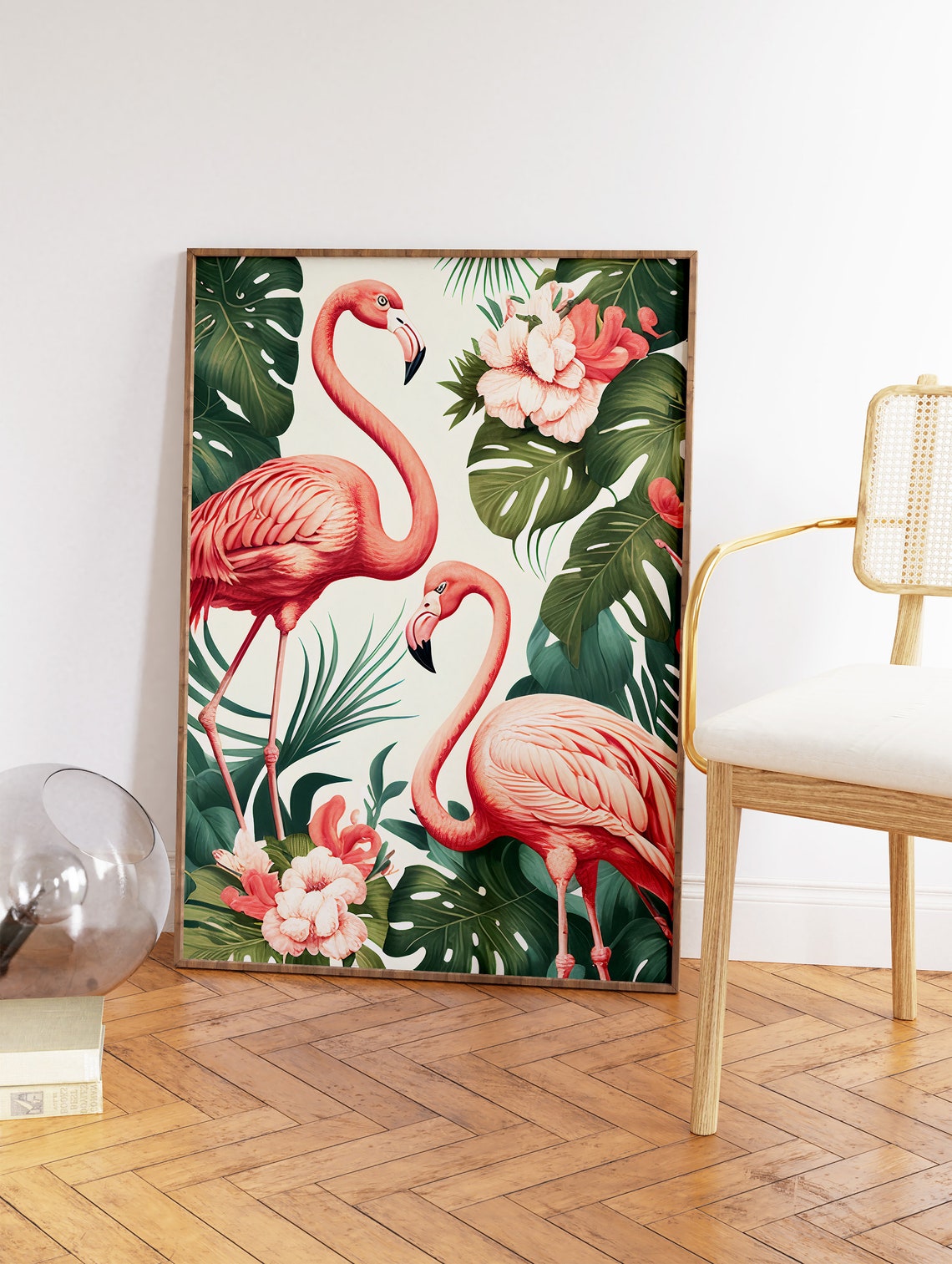 Two Pink Flamingos Tropical Monstera Hibiscus Flowers Wall Art - Image 2