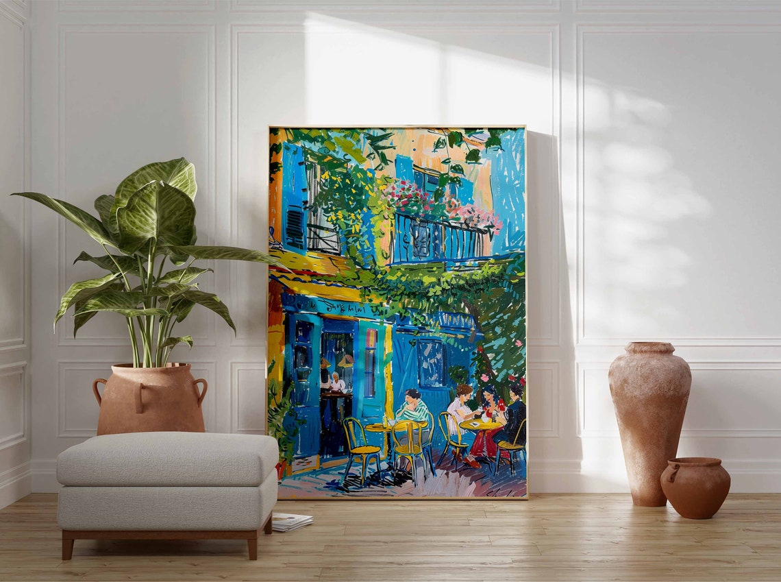 French Street Café Blue Shutters Outdoor Dining Painting Art Poster - Image 2