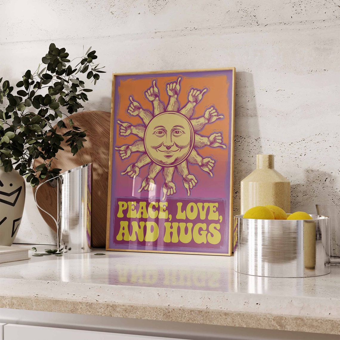 Peace Love and Hugs Vintage Sun Engraving Warm Orange Boho Poster - Image 3
