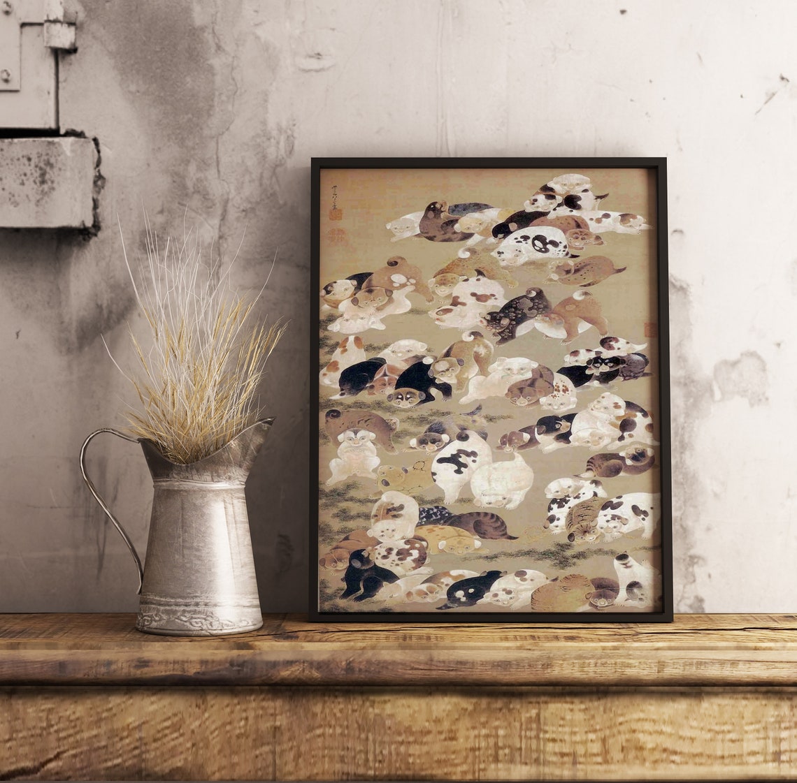 Japanese Hundred Dogs Playful Puppy Circle Classical Art Poster - Image 2