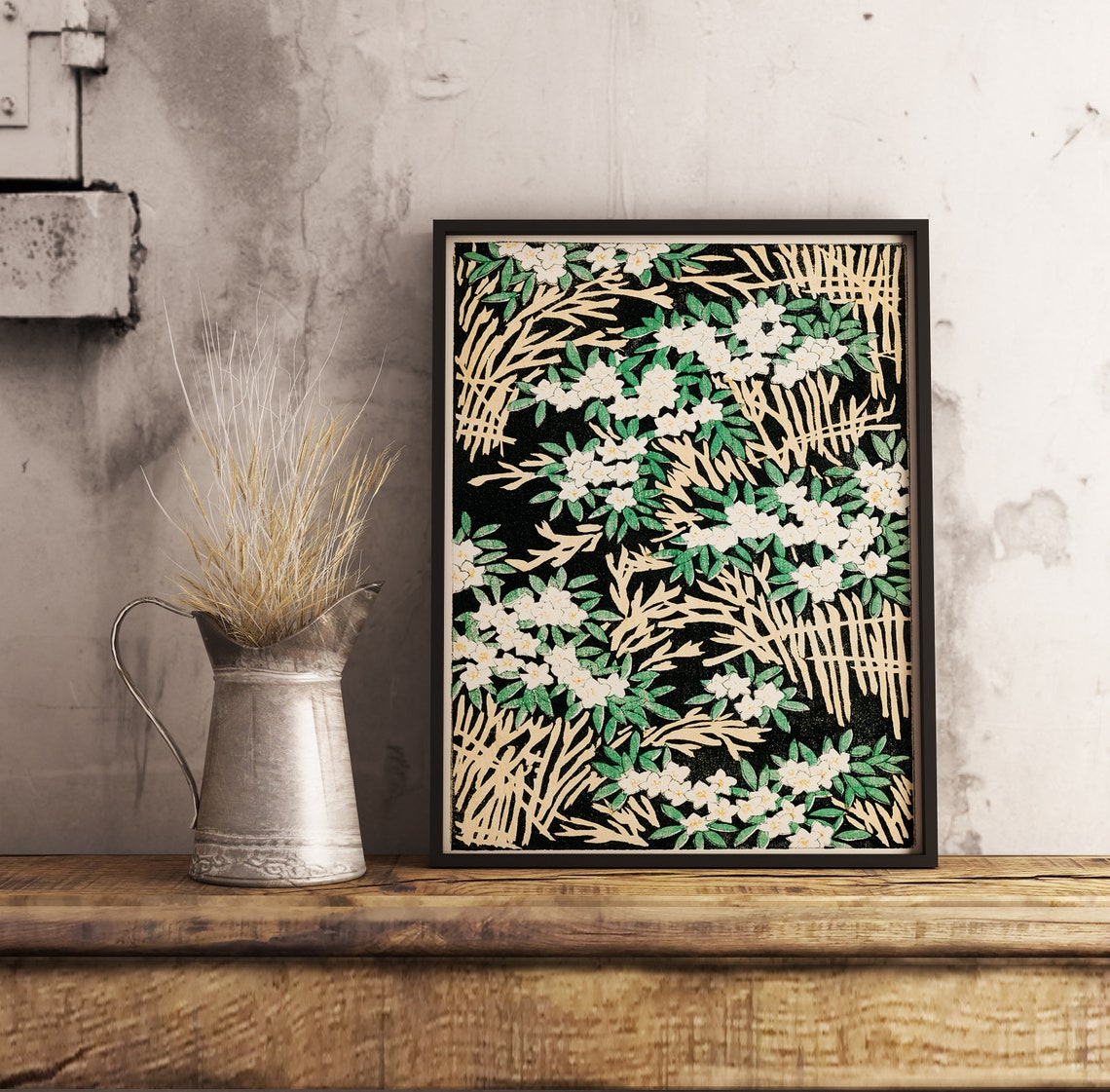 Japanese Woodblock Floral Art White Blossoms and Bamboo Poster - Image 2