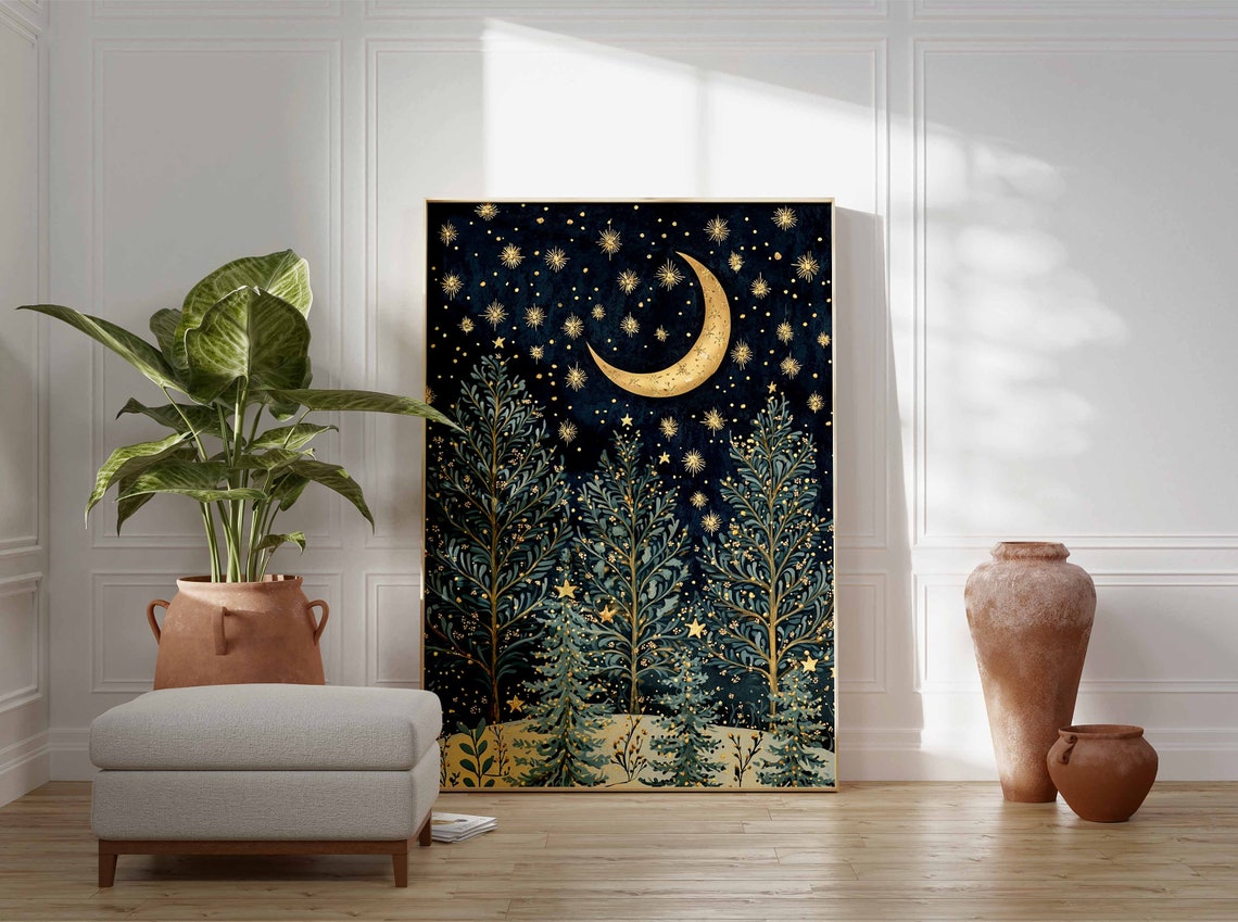 Golden Crescent Moon and Stars Over Pine Trees Winter Night Poster - Image 3