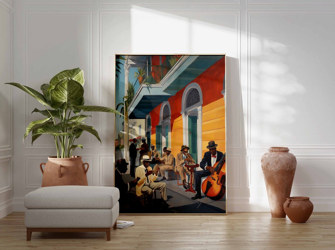 Jazz Musicians Street Cafe Art Print Trumpet Bass Band Decor - Image 3