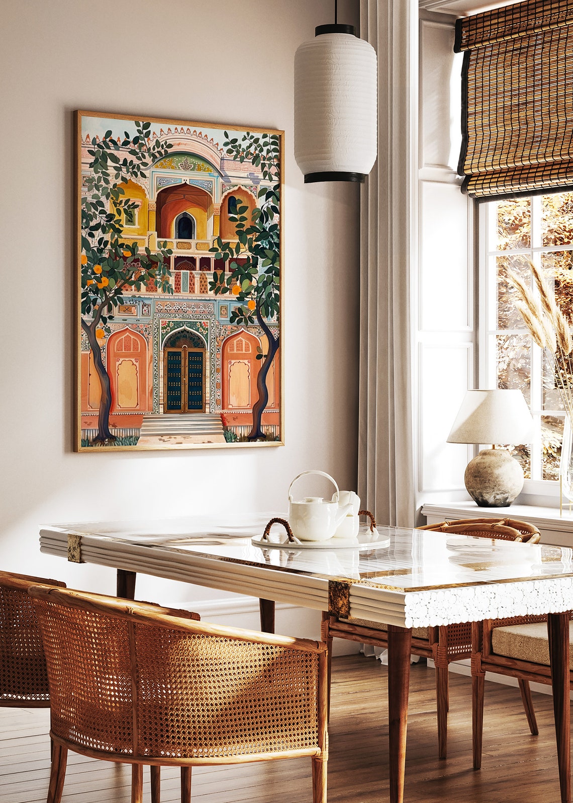 Indian Pichwai Palace Facade Orange Trees Traditional Art Poster - Image 2