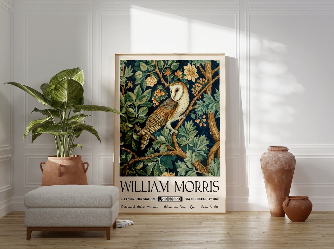 William Morris Owl in Berry Branch Woodland Botanical Style Poster - Image 3