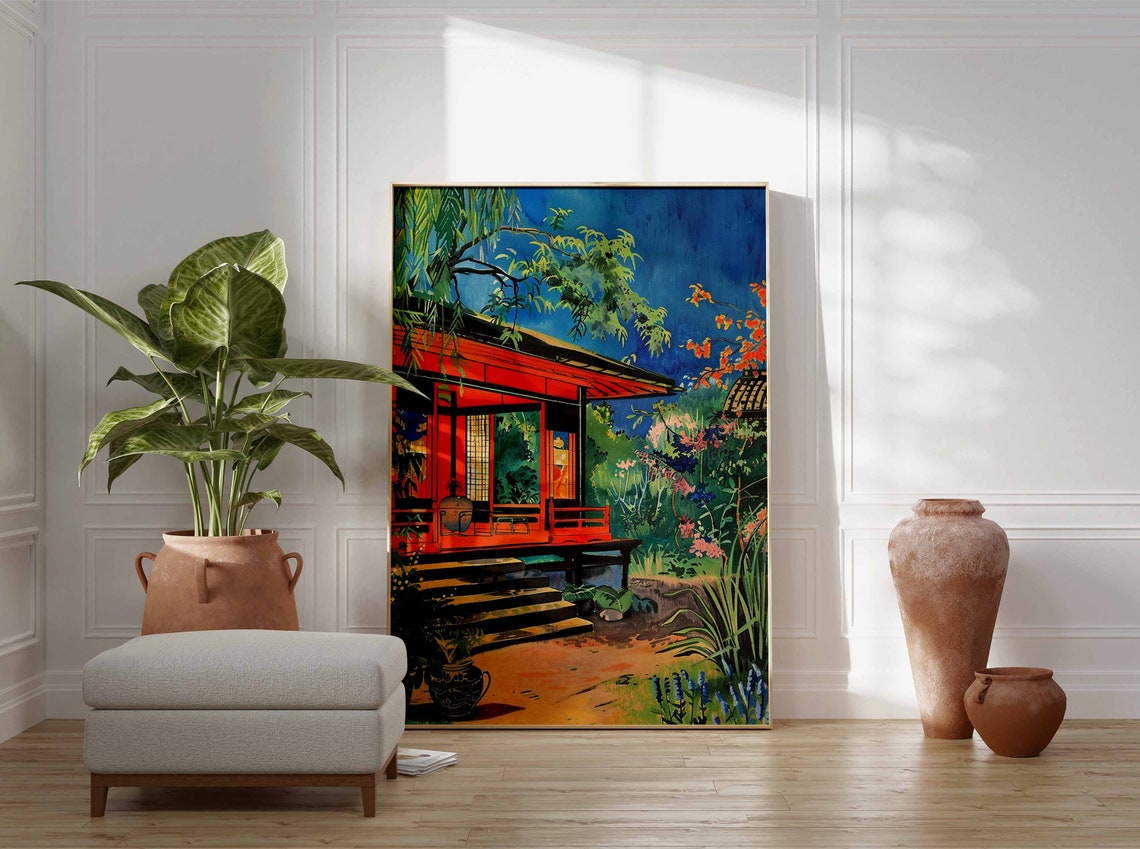 Red Japanese Teahouse At Dusk Garden Night Landscape Art Print - Image 3