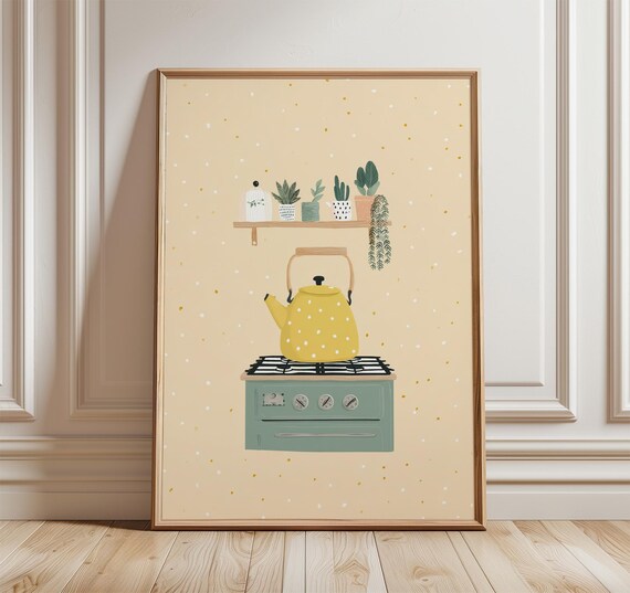 Yellow Polka Dot Kettle Scandinavian Kitchen Minimalist Poster