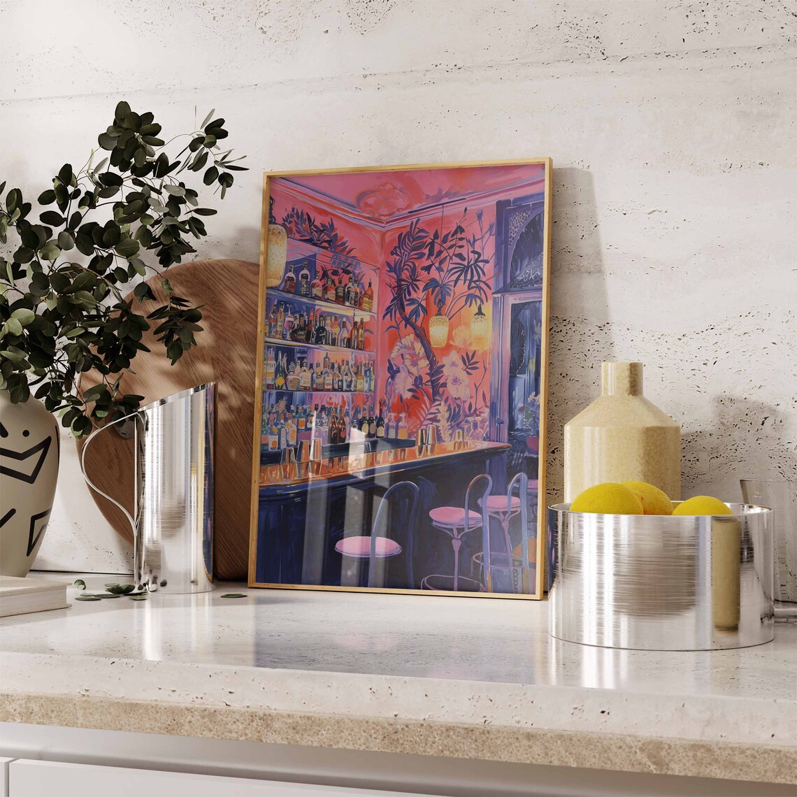 Colorful Bar Interior Painting Pink Cocktail Lounge Night Art Poster - Image 3