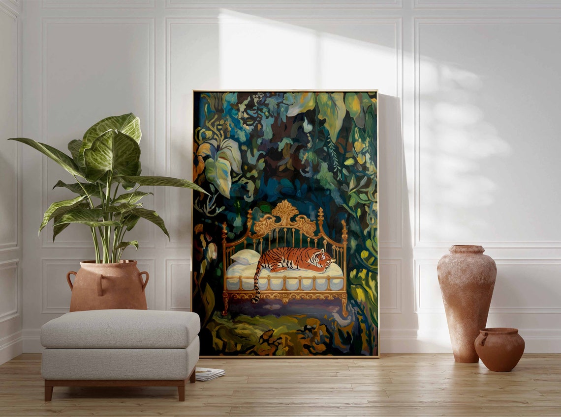 Sleeping Baby Tiger on Brass Bed in Painted Jungle Art Poster - Image 3