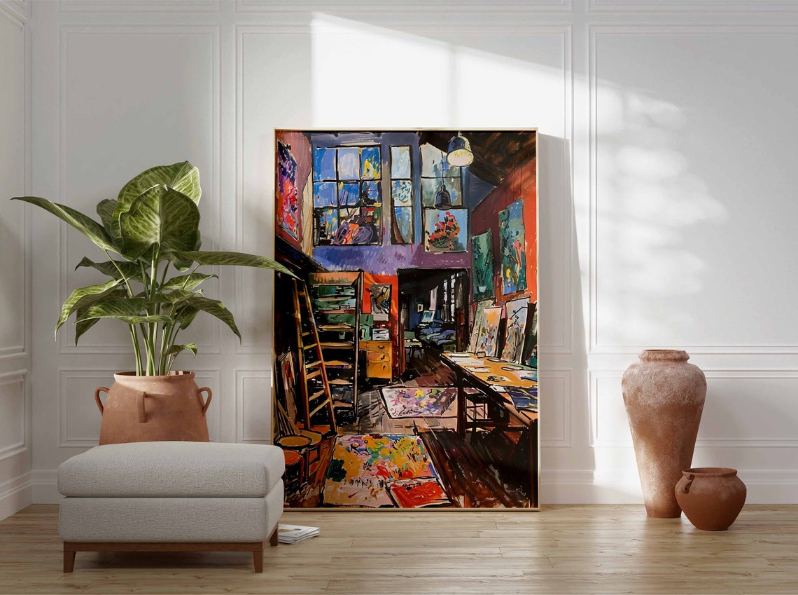 Industrial Loft Art Studio with High Windows and Ladder Poster - Image 3