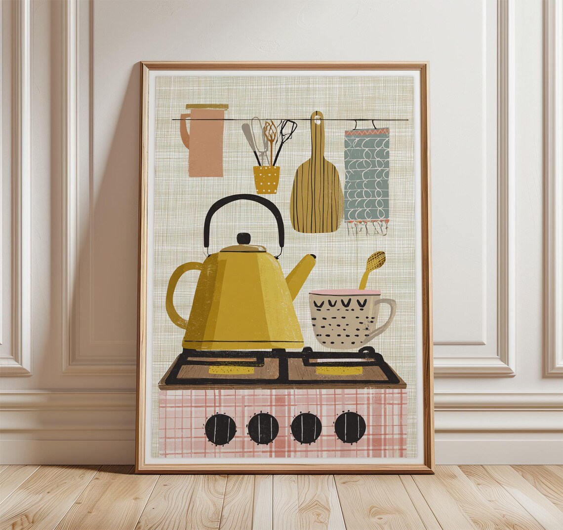 Yellow Kettle Poster, Mid-Century Kitchen Wall Art
