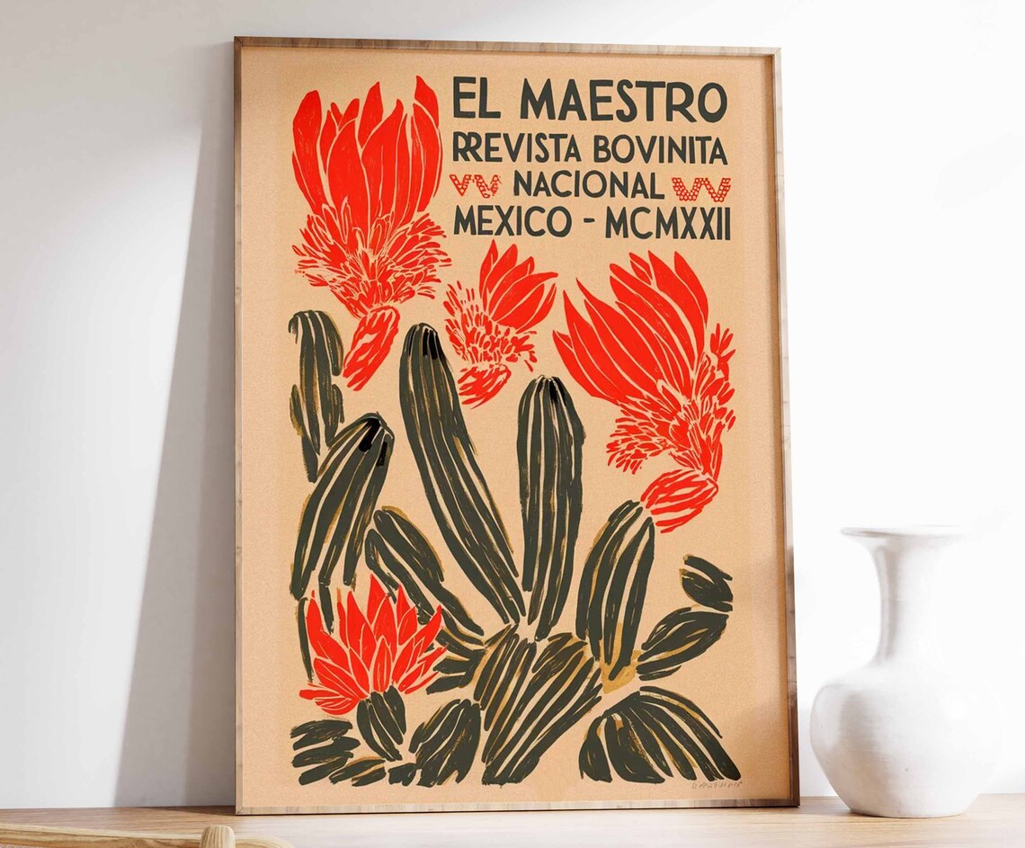 El Maestro Dark Cactus Red Blooms Vintage Mexico Magazine Poster