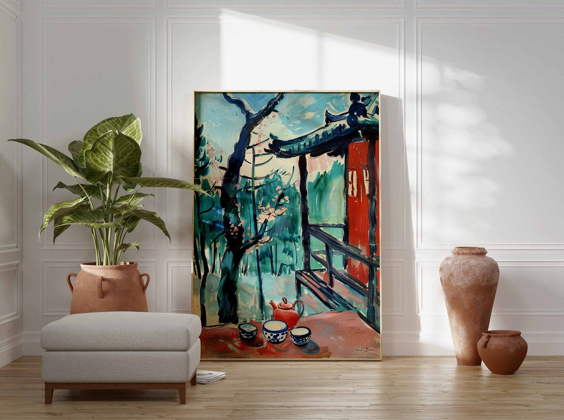 Japanese Veranda Red Tea Set Pagoda Roof Garden Art Print Wall Decor - Image 3
