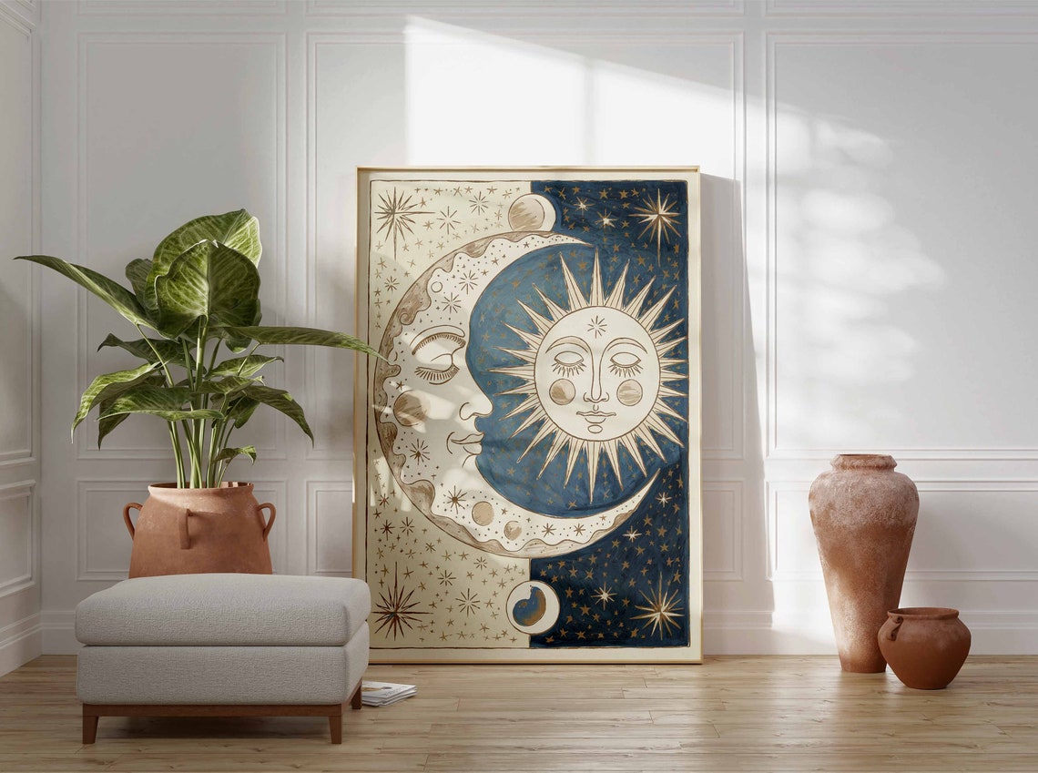 Golden Vintage Sun And Moon Faces Celestial Astrology Poster - Image 3