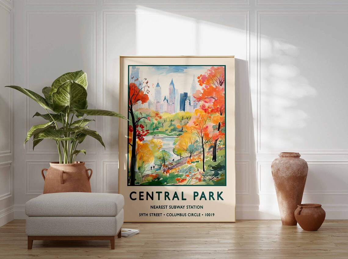 Central Park New York Autumn Watercolor Skyline Travel Poster - Image 3