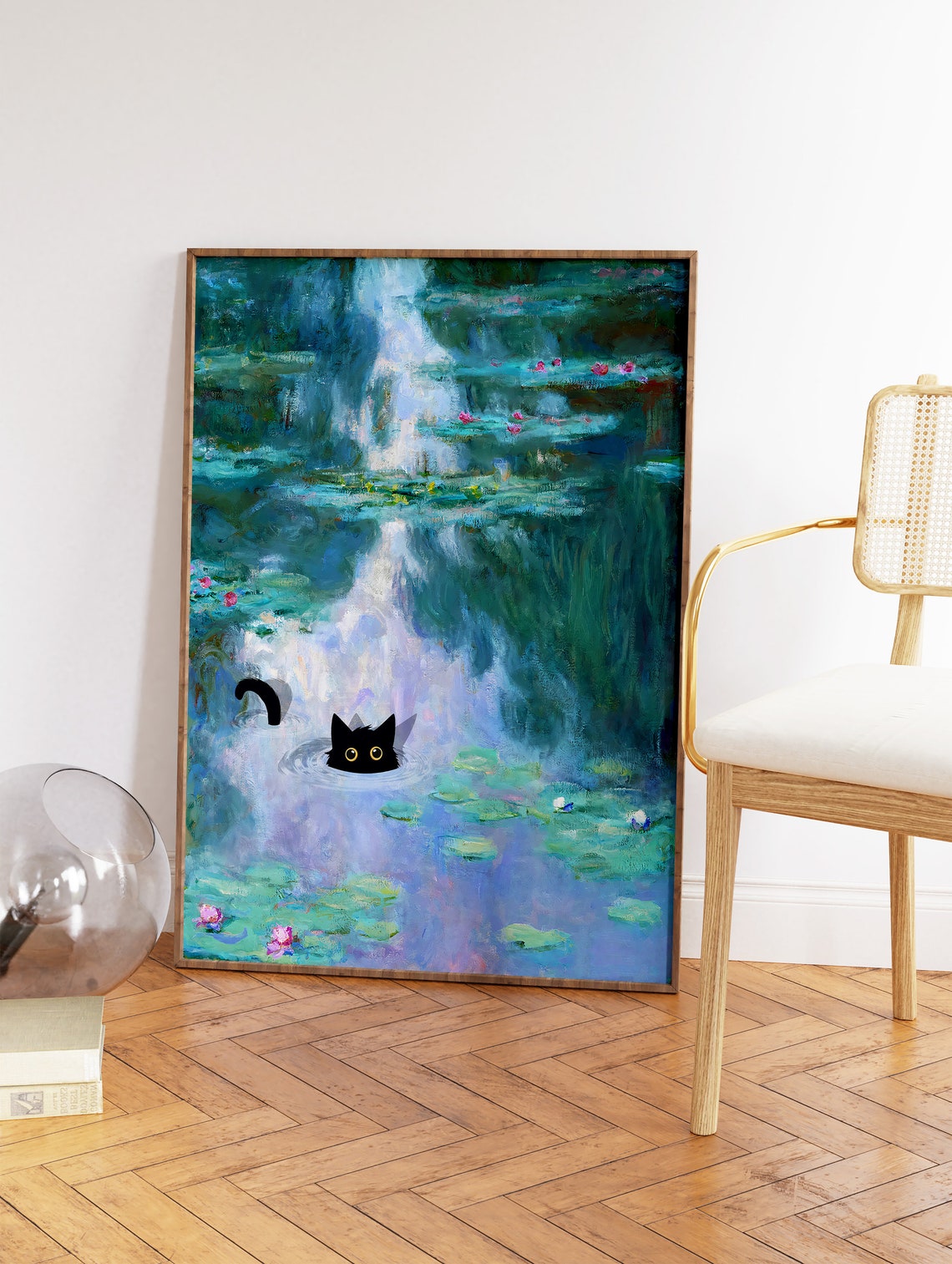 Black Cat Swimming Monet Water Lilies Funny Animal Art Poster - Image 2