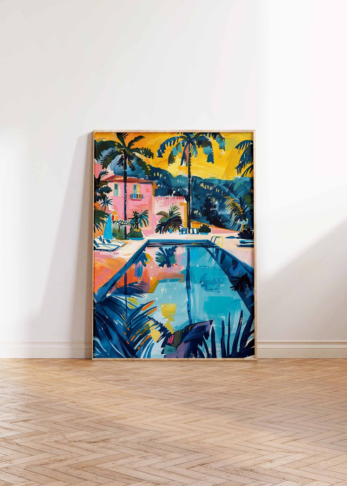 Tropical Pool Pink Villa Palm Trees Golden Sky Retreat Art Poster - Image 3