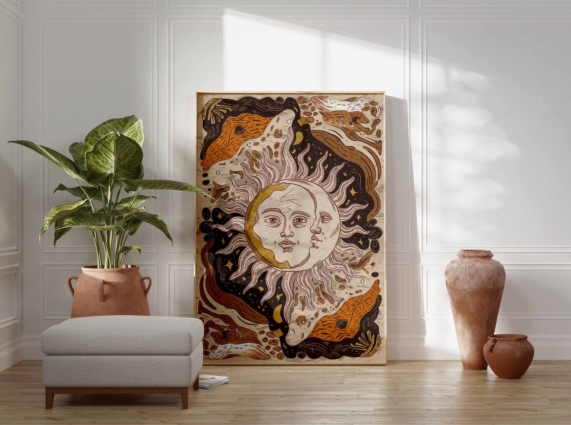 Bold Psychedelic Dual Face Sun And Moon Cosmic Swirl Art Poster - Image 3