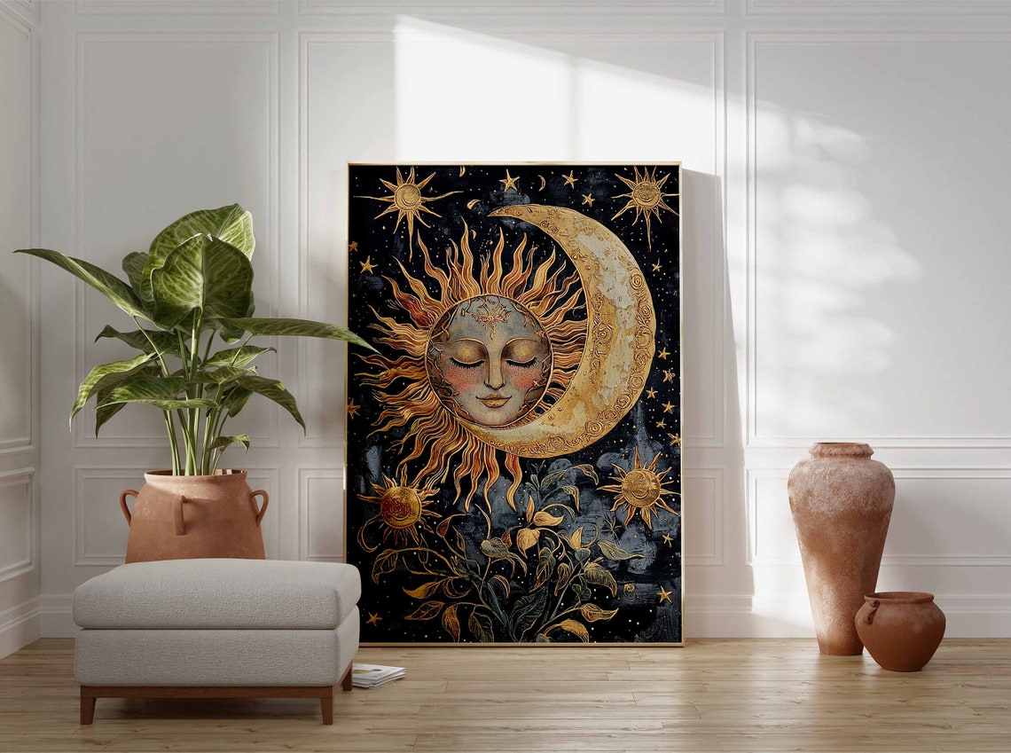 Serene Golden Sun Face Within Crescent Moon Midnight Sky Poster - Image 3