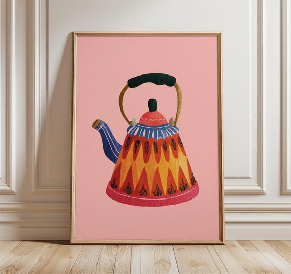 Colorful Kettle Poster Modern Kitchen Wall Art Retro Folk Teapot Print Warm Pink Home Decor