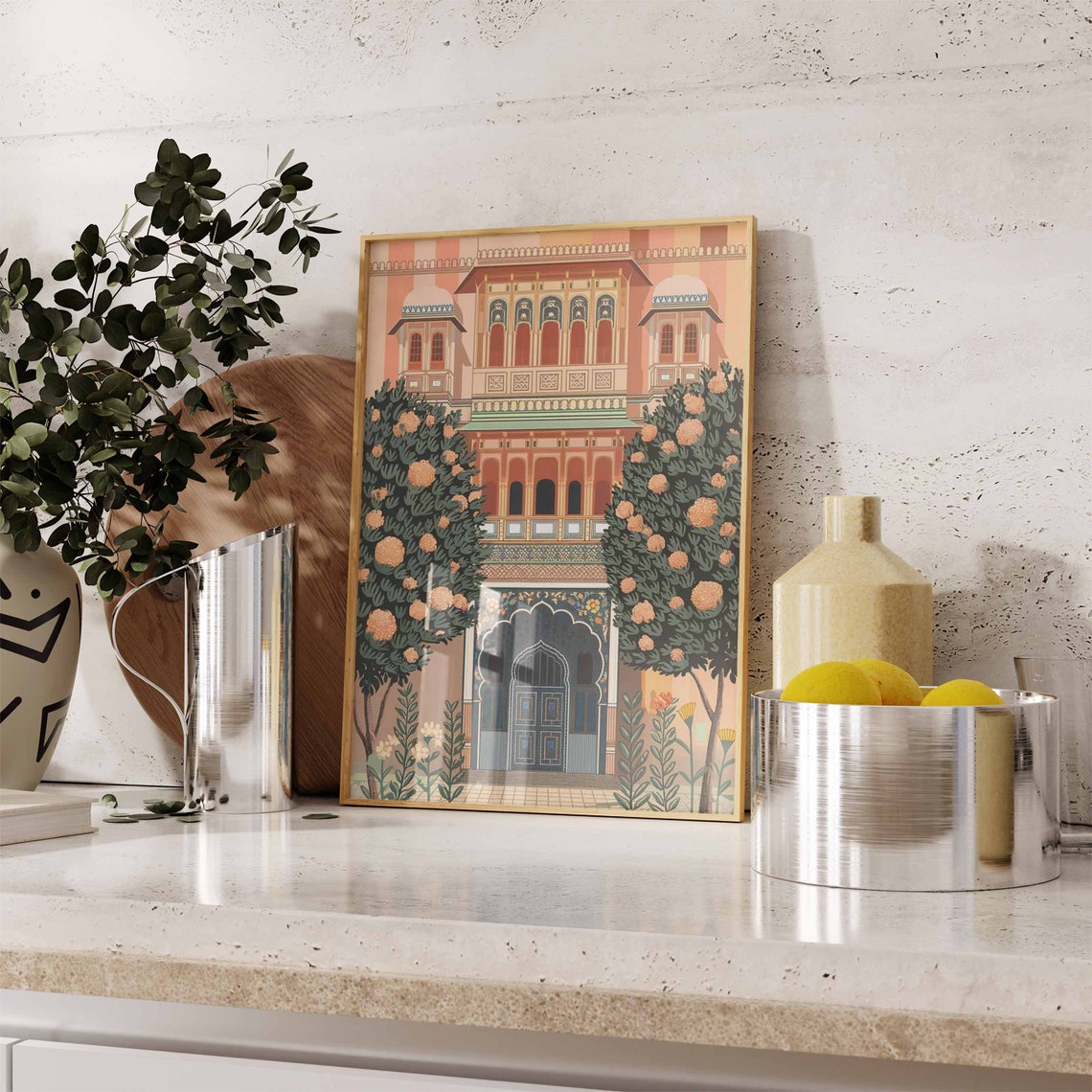 Indian Haveli Palace Flowering Trees Traditional Artwork Poster - Image 3