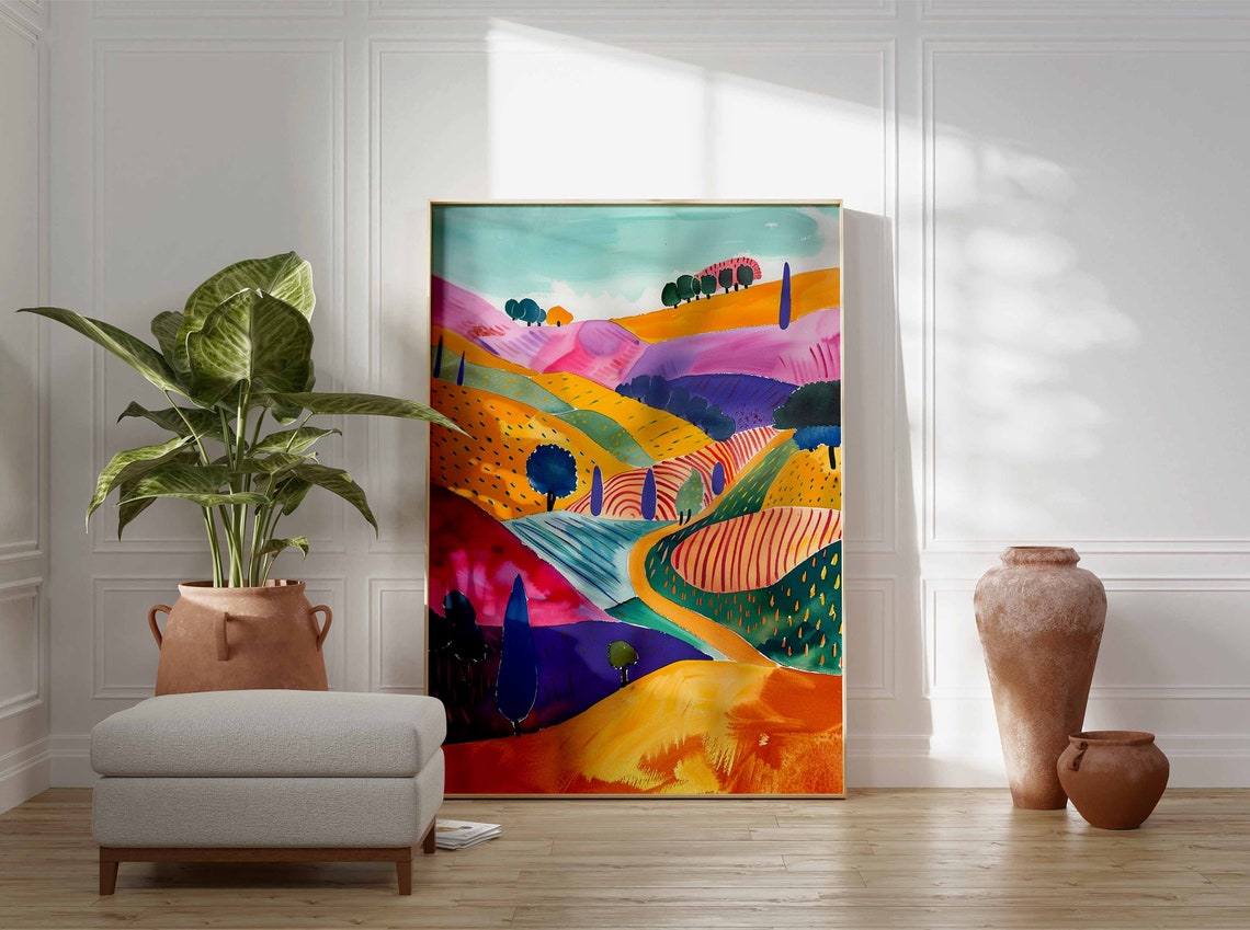Colorful Hills Winding Road Cypress Trees Landscape Art Print - Image 3