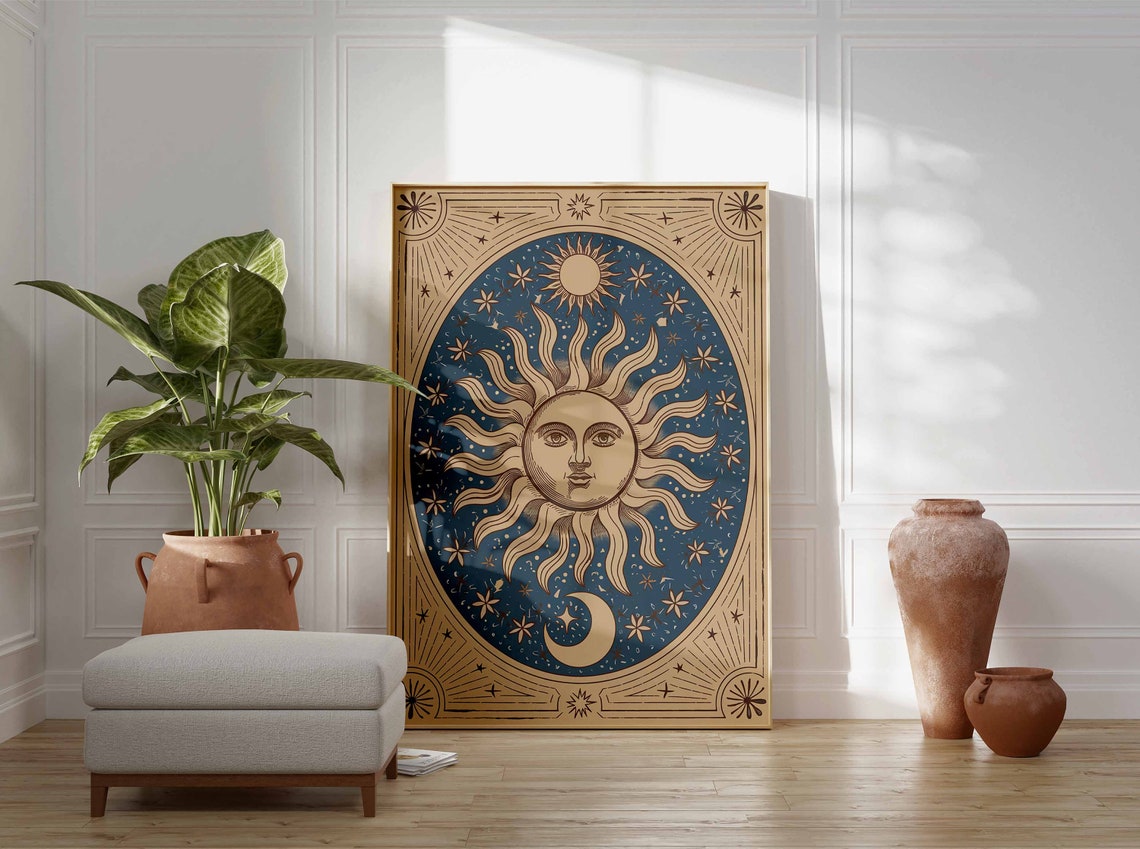 Woodcut Sun Face In Blue Oval With Crescent Moon Vintage Poster - Image 3