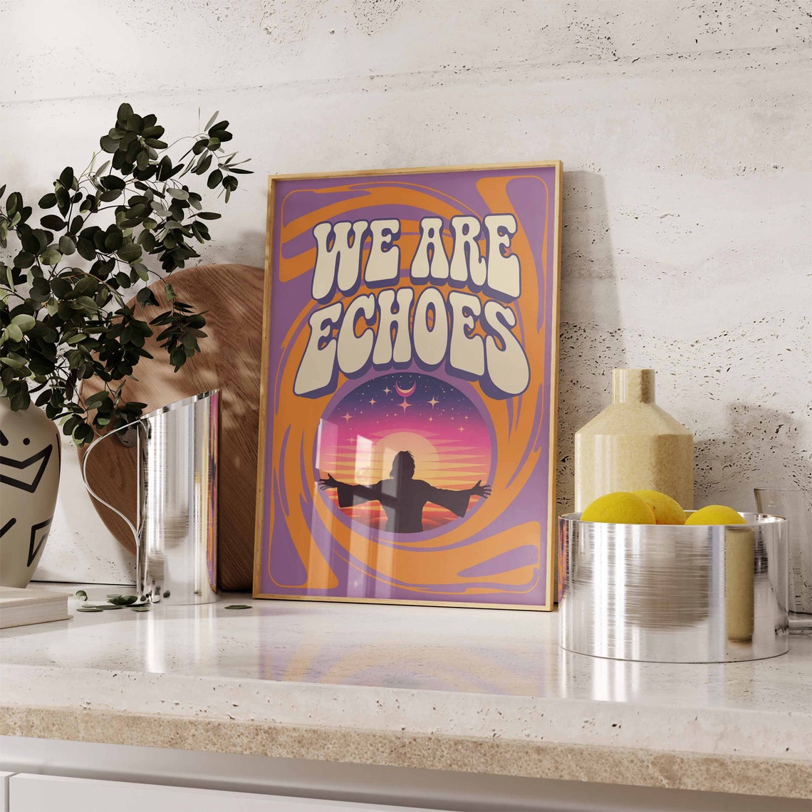 We Are Echoes Cosmic Sunset Silhouette Retro 70s Quote Poster - Image 3