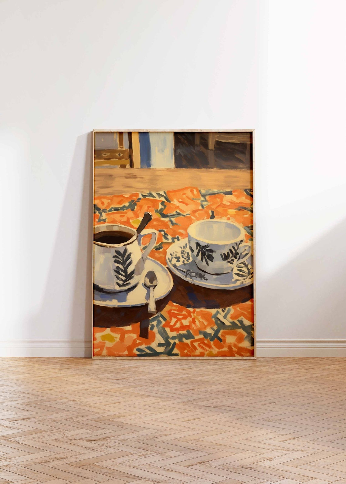 Vintage Coffee Cups Oil Painting Orange Tablecloth Cafe Poster - Image 2