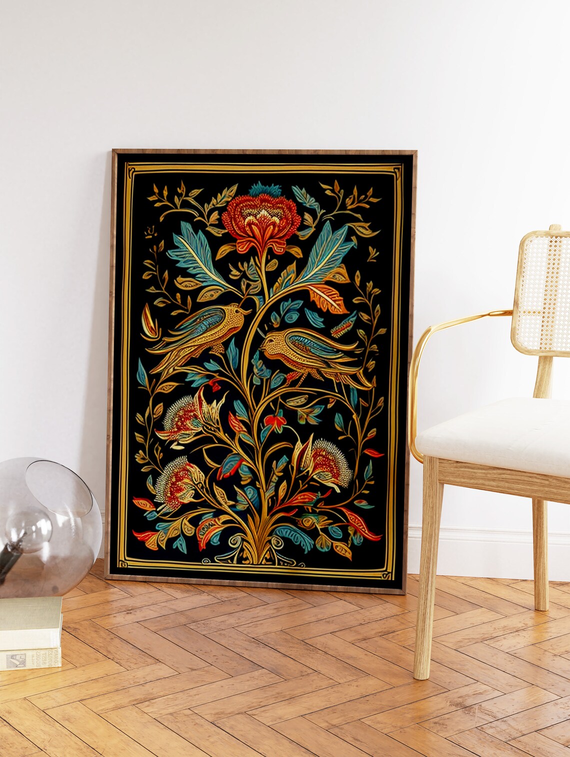 Indian Floral Tree of Life Birds Ornate Golden Decorative Art Print - Image 2