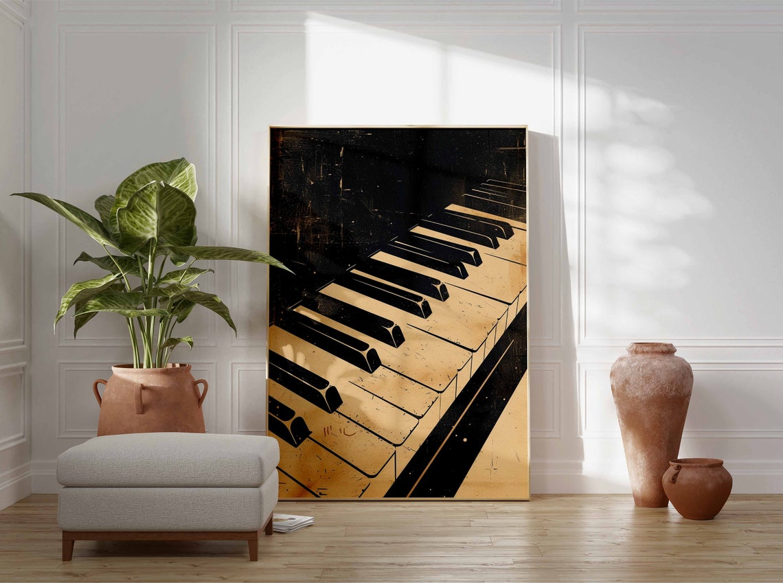 Vintage Gold Black Piano Keyboard Grunge Music Room Art Poster - Image 2