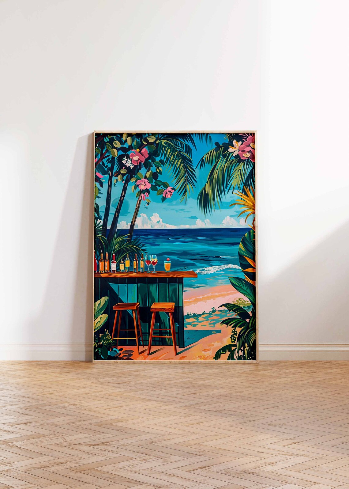Tropical Tiki Beach Bar Hibiscus Flowers Wooden Counter Ocean View Poster - Image 2