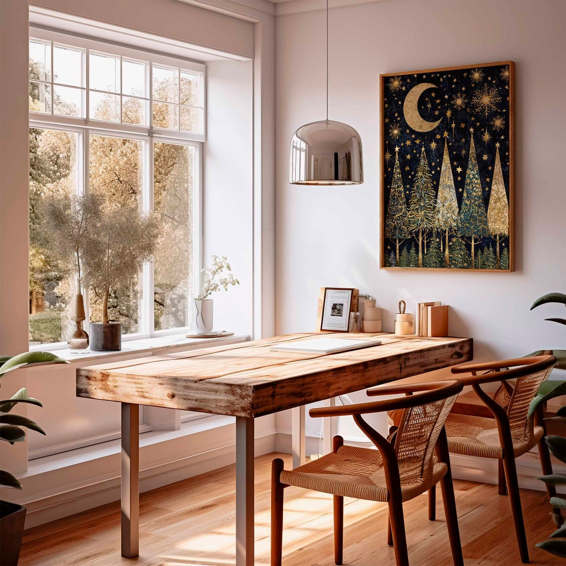 Golden Crescent Moon Above Christmas Trees Starry Night Poster - Image 2